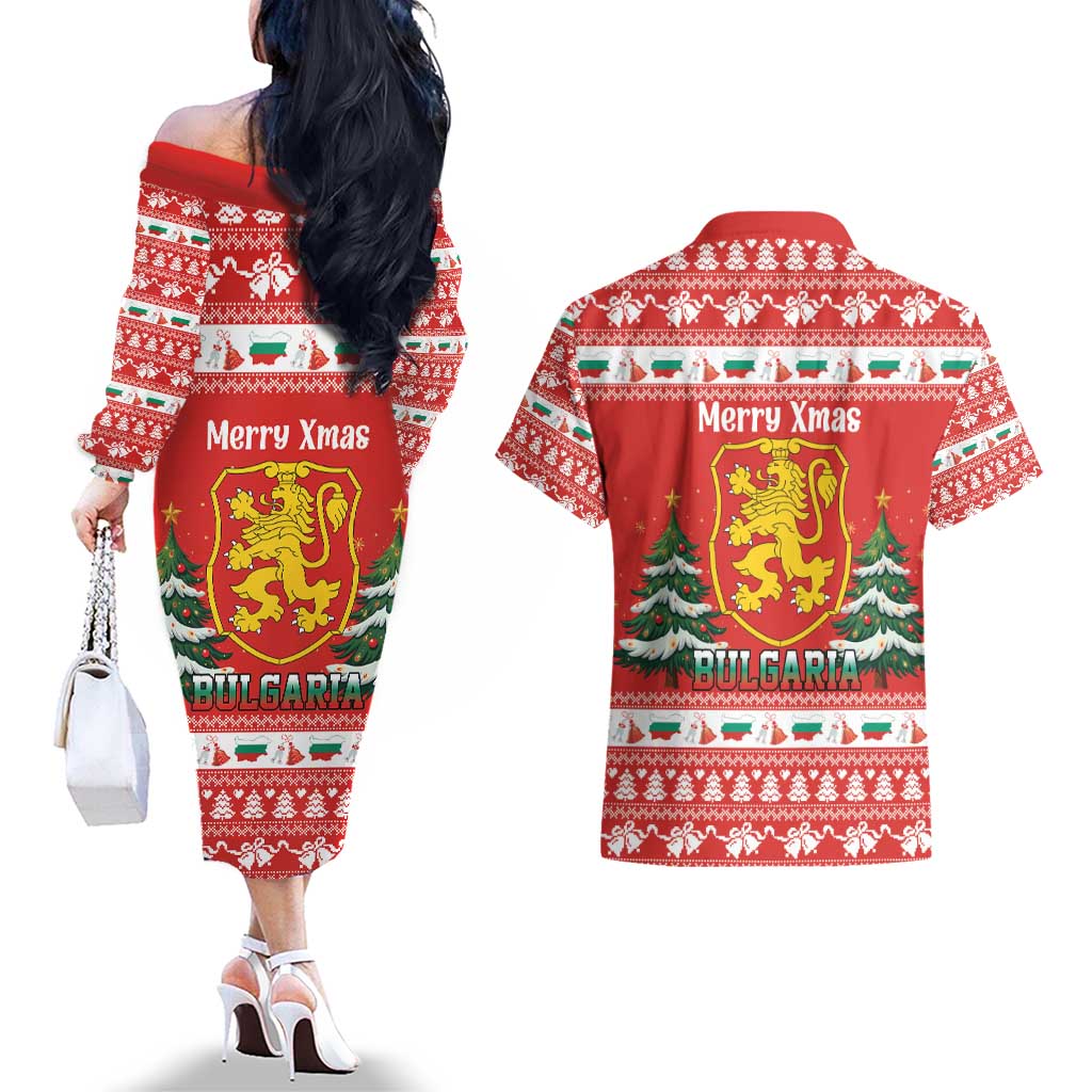 Bulgaria Christmas Couples Matching Off The Shoulder Long Sleeve Dress and Hawaiian Shirt Merry Xmas Lion Crest - Wonder Print Shop