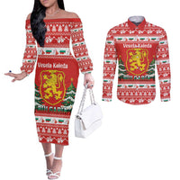 Bulgaria Christmas Couples Matching Off The Shoulder Long Sleeve Dress and Long Sleeve Button Shirt Merry Xmas Lion Crest - Wonder Print Shop
