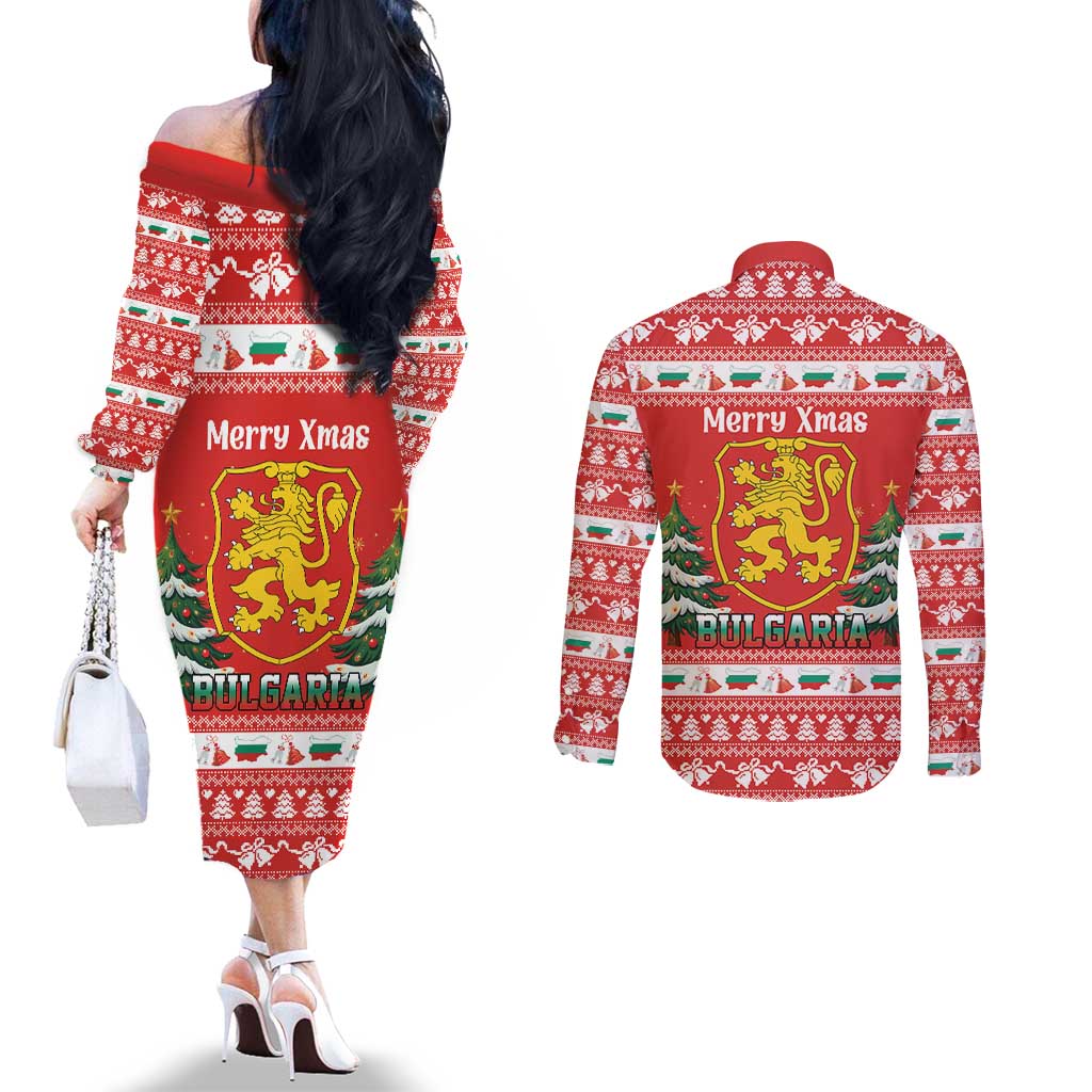 Bulgaria Christmas Couples Matching Off The Shoulder Long Sleeve Dress and Long Sleeve Button Shirt Merry Xmas Lion Crest - Wonder Print Shop