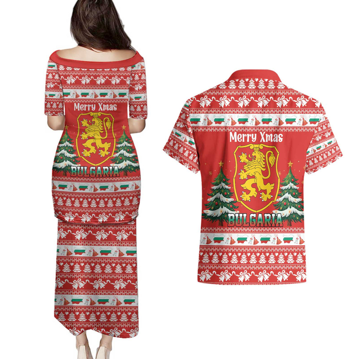 Bulgaria Christmas Couples Matching Puletasi and Hawaiian Shirt Merry Xmas Lion Crest - Wonder Print Shop