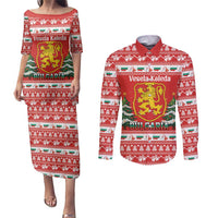 Bulgaria Christmas Couples Matching Puletasi and Long Sleeve Button Shirt Merry Xmas Lion Crest - Wonder Print Shop