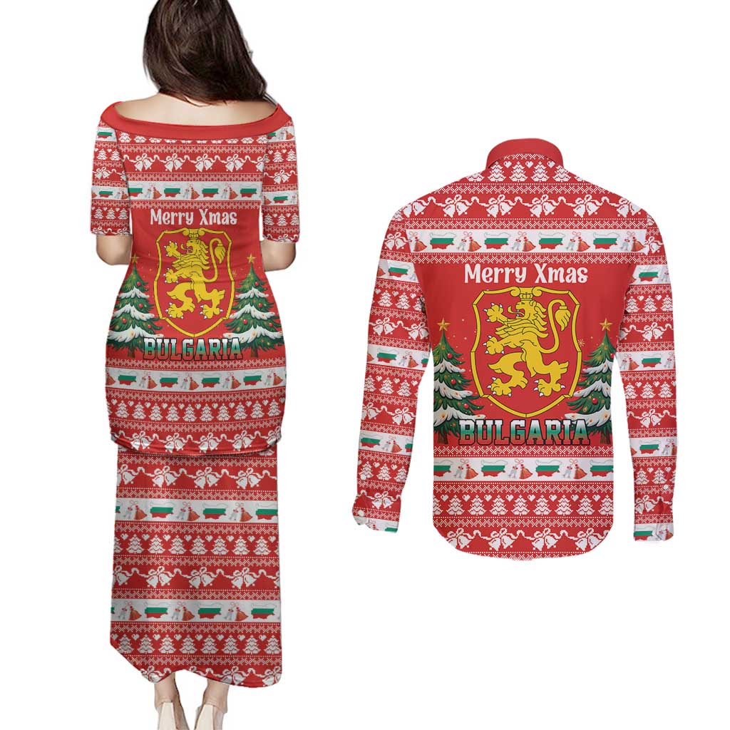 Bulgaria Christmas Couples Matching Puletasi and Long Sleeve Button Shirt Merry Xmas Lion Crest - Wonder Print Shop