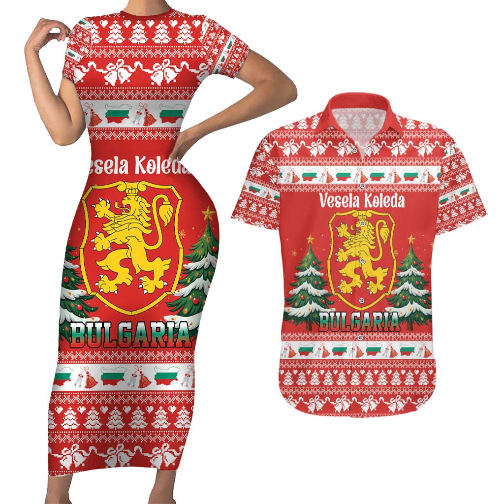 Bulgaria Christmas Couples Matching Short Sleeve Bodycon Dress and Hawaiian Shirt Merry Xmas Lion Crest - Wonder Print Shop