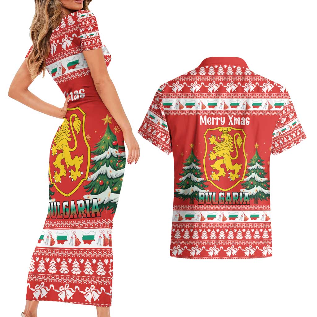 Bulgaria Christmas Couples Matching Short Sleeve Bodycon Dress and Hawaiian Shirt Merry Xmas Lion Crest - Wonder Print Shop