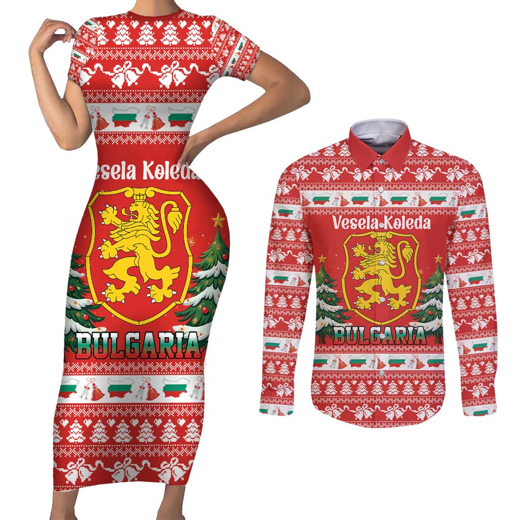 Bulgaria Christmas Couples Matching Short Sleeve Bodycon Dress and Long Sleeve Button Shirt Merry Xmas Lion Crest - Wonder Print Shop