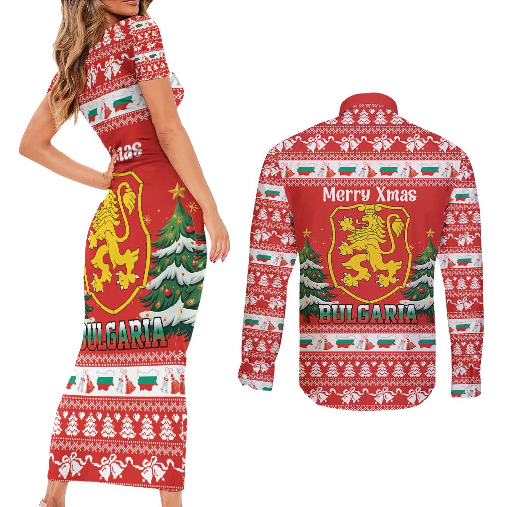 Bulgaria Christmas Couples Matching Short Sleeve Bodycon Dress and Long Sleeve Button Shirt Merry Xmas Lion Crest - Wonder Print Shop