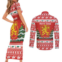 Bulgaria Christmas Couples Matching Short Sleeve Bodycon Dress and Long Sleeve Button Shirt Merry Xmas Lion Crest - Wonder Print Shop