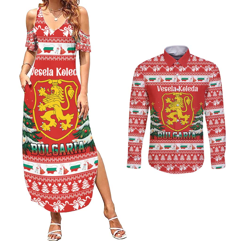 Bulgaria Christmas Couples Matching Summer Maxi Dress and Long Sleeve Button Shirt Merry Xmas Lion Crest - Wonder Print Shop