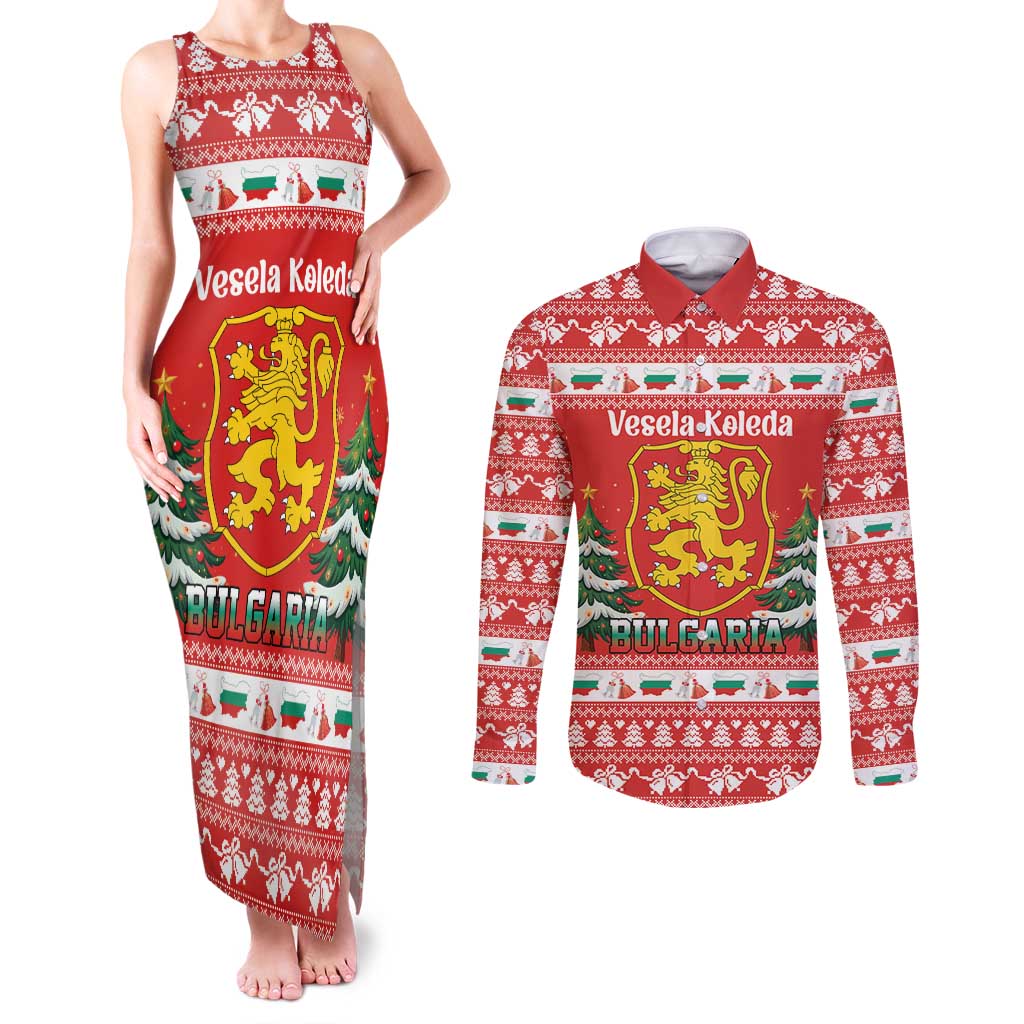 Bulgaria Christmas Couples Matching Tank Maxi Dress and Long Sleeve Button Shirt Merry Xmas Lion Crest - Wonder Print Shop