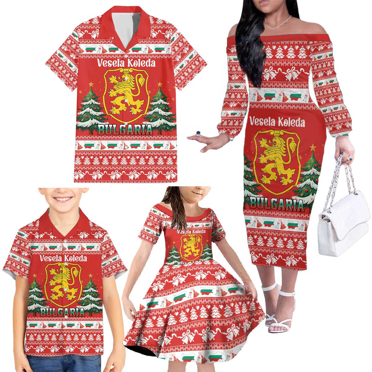 Bulgaria Christmas Family Matching Off The Shoulder Long Sleeve Dress and Hawaiian Shirt Merry Xmas Lion Crest - Wonder Print Shop