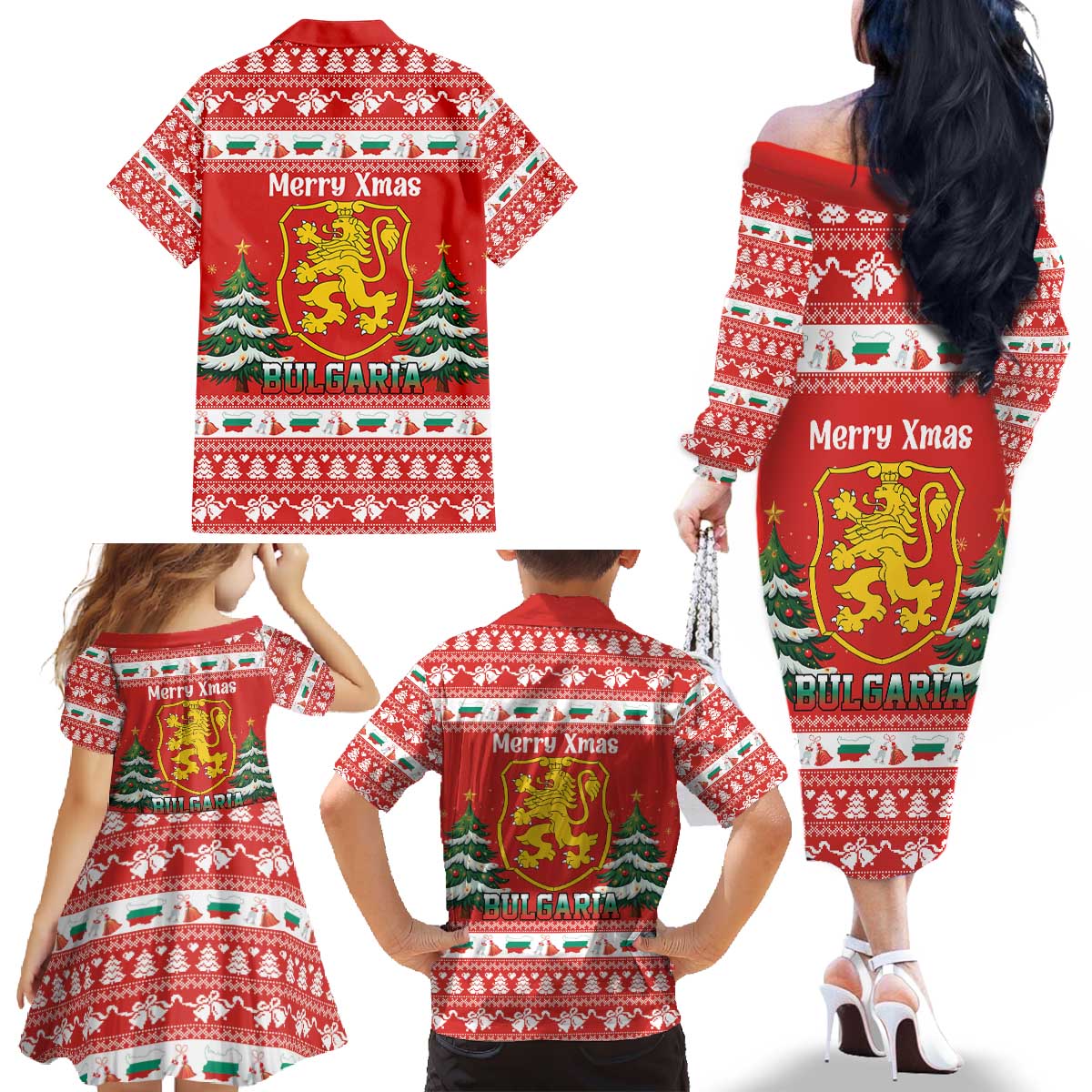 Bulgaria Christmas Family Matching Off The Shoulder Long Sleeve Dress and Hawaiian Shirt Merry Xmas Lion Crest - Wonder Print Shop