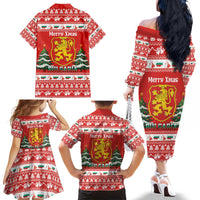 Bulgaria Christmas Family Matching Off The Shoulder Long Sleeve Dress and Hawaiian Shirt Merry Xmas Lion Crest - Wonder Print Shop