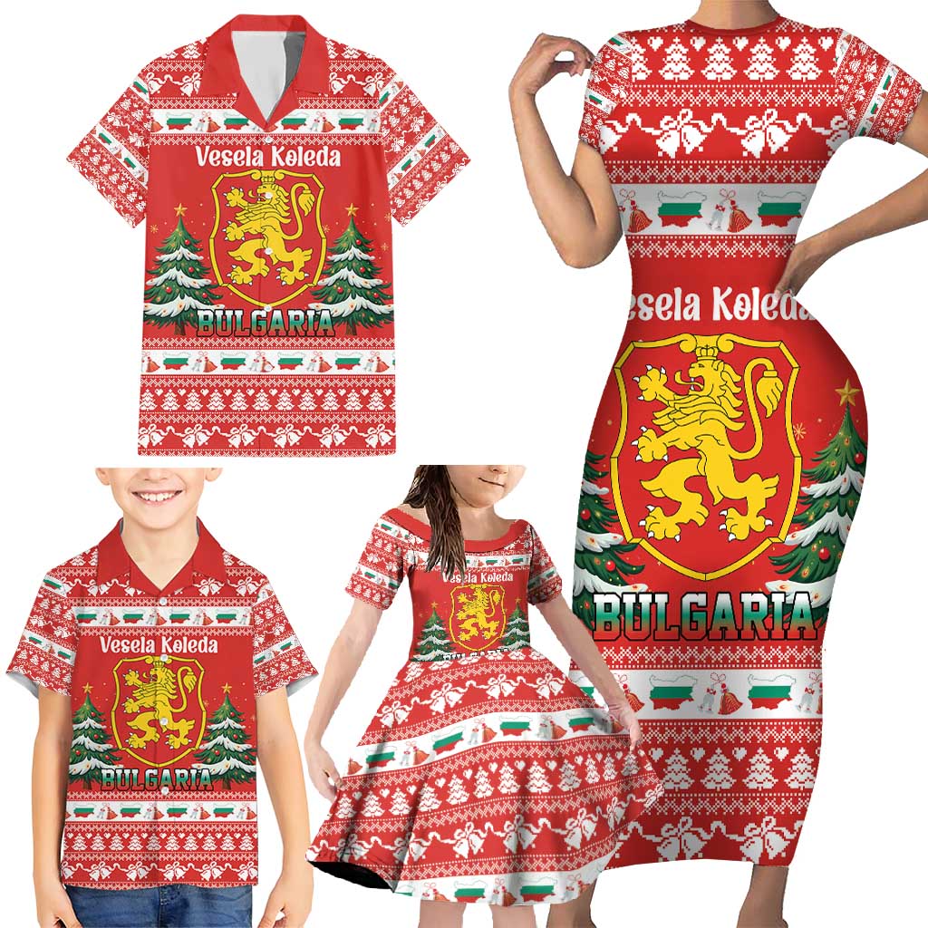 Bulgaria Christmas Family Matching Short Sleeve Bodycon Dress and Hawaiian Shirt Merry Xmas Lion Crest - Wonder Print Shop