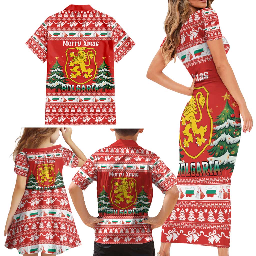 Bulgaria Christmas Family Matching Short Sleeve Bodycon Dress and Hawaiian Shirt Merry Xmas Lion Crest - Wonder Print Shop