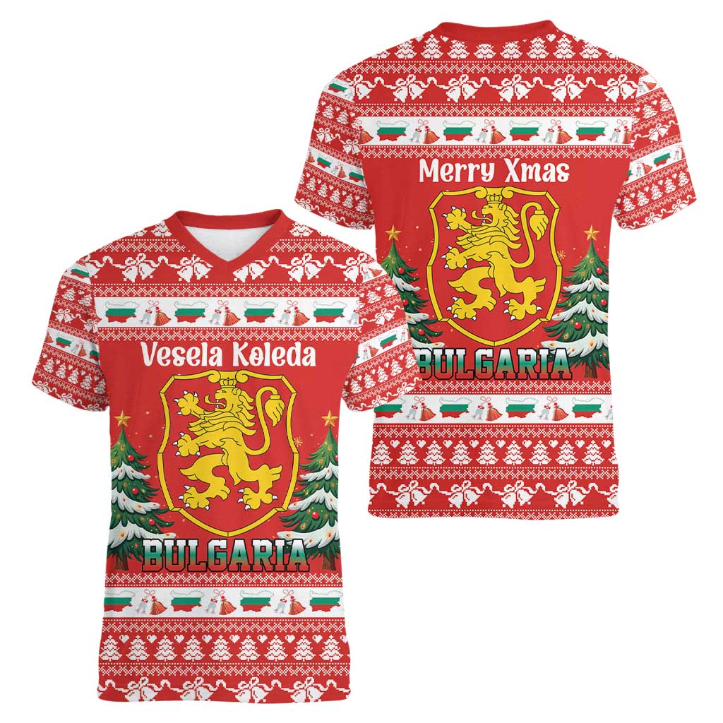 Bulgaria Christmas Women V-Neck T-Shirt Merry Xmas Lion Crest - Wonder Print Shop