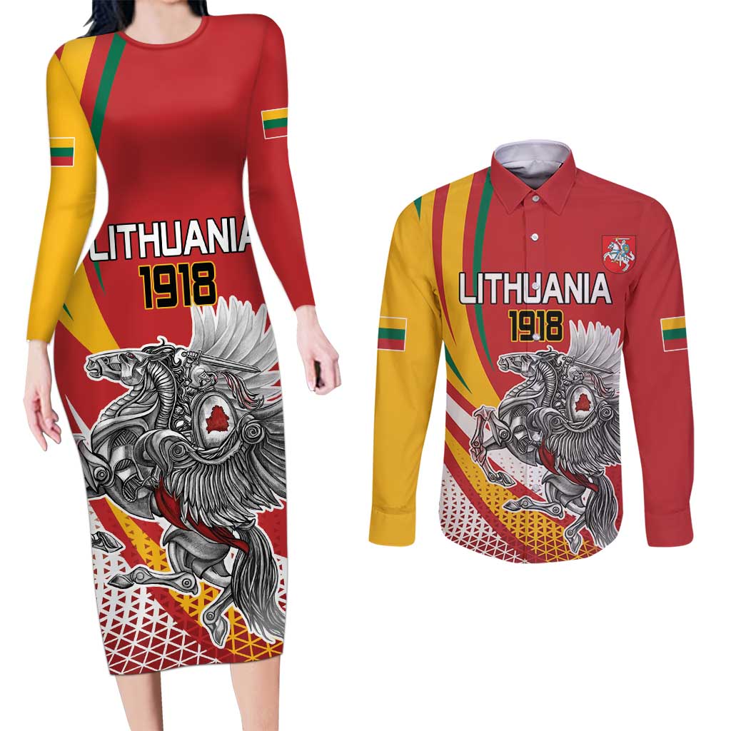 Personalized Lithuania Independence Day Couples Matching Long Sleeve Bodycon Dress and Long Sleeve Button Shirt Lithuanian Vytis Swoosh - Wonder Print Shop