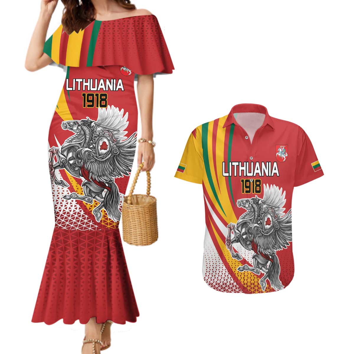 Personalized Lithuania Independence Day Couples Matching Mermaid Dress and Hawaiian Shirt Lithuanian Vytis Swoosh - Wonder Print Shop