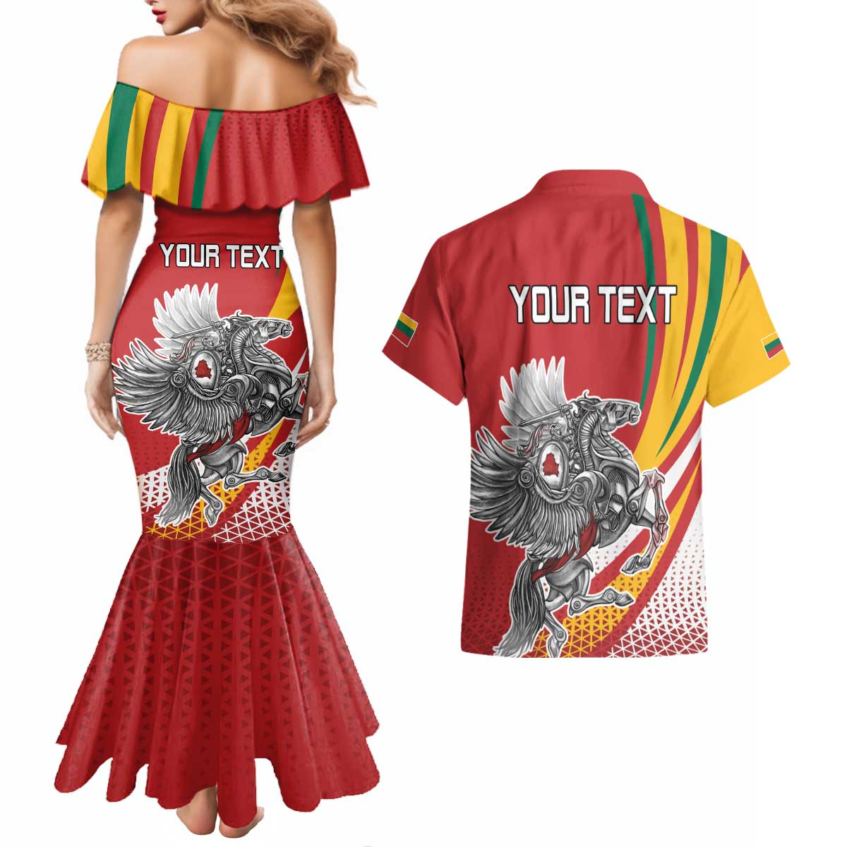 Personalized Lithuania Independence Day Couples Matching Mermaid Dress and Hawaiian Shirt Lithuanian Vytis Swoosh - Wonder Print Shop