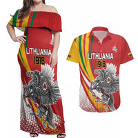 Personalized Lithuania Independence Day Couples Matching Off Shoulder Maxi Dress and Hawaiian Shirt Lithuanian Vytis Swoosh - Wonder Print Shop