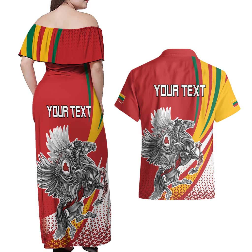 Personalized Lithuania Independence Day Couples Matching Off Shoulder Maxi Dress and Hawaiian Shirt Lithuanian Vytis Swoosh - Wonder Print Shop