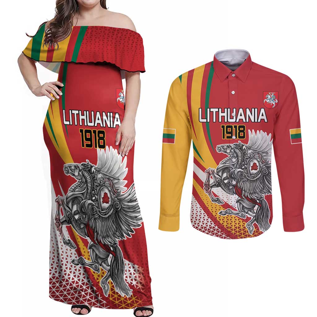 Personalized Lithuania Independence Day Couples Matching Off Shoulder Maxi Dress and Long Sleeve Button Shirt Lithuanian Vytis Swoosh - Wonder Print Shop