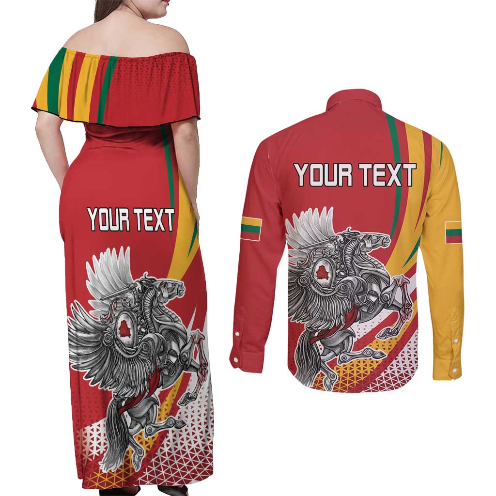 Personalized Lithuania Independence Day Couples Matching Off Shoulder Maxi Dress and Long Sleeve Button Shirt Lithuanian Vytis Swoosh - Wonder Print Shop