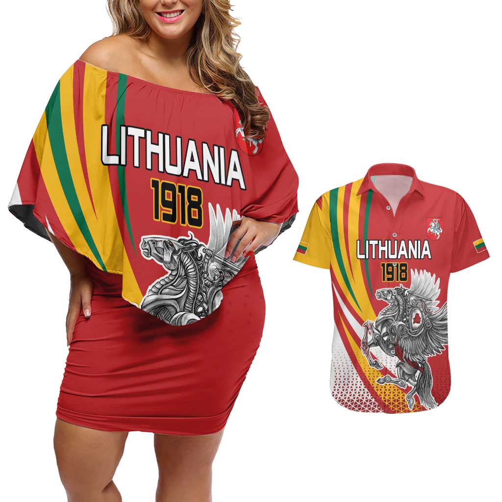 Personalized Lithuania Independence Day Couples Matching Off Shoulder Short Dress and Hawaiian Shirt Lithuanian Vytis Swoosh - Wonder Print Shop