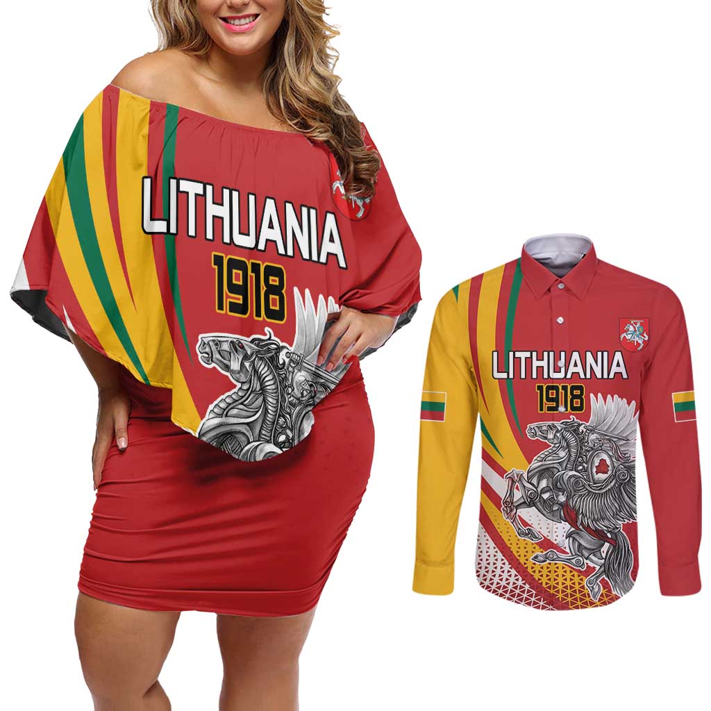 Personalized Lithuania Independence Day Couples Matching Off Shoulder Short Dress and Long Sleeve Button Shirt Lithuanian Vytis Swoosh - Wonder Print Shop