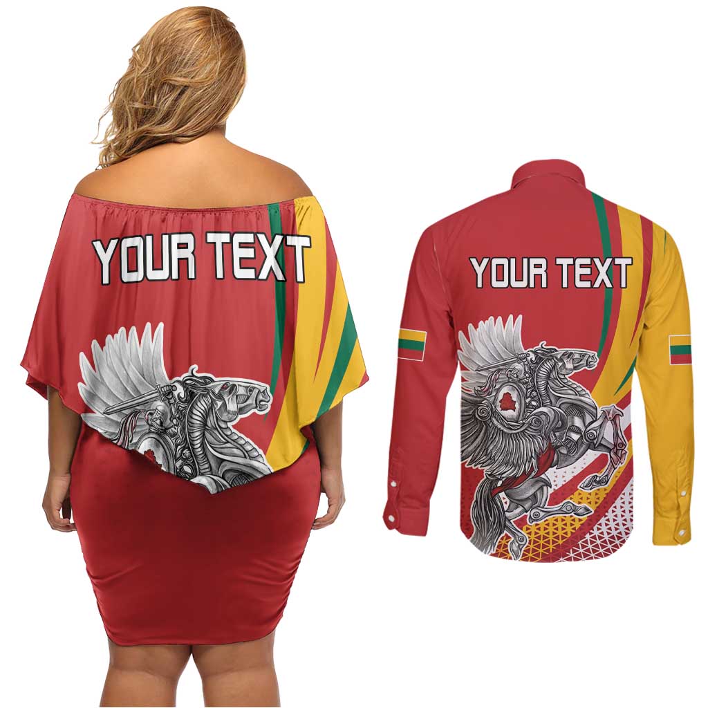 Personalized Lithuania Independence Day Couples Matching Off Shoulder Short Dress and Long Sleeve Button Shirt Lithuanian Vytis Swoosh - Wonder Print Shop