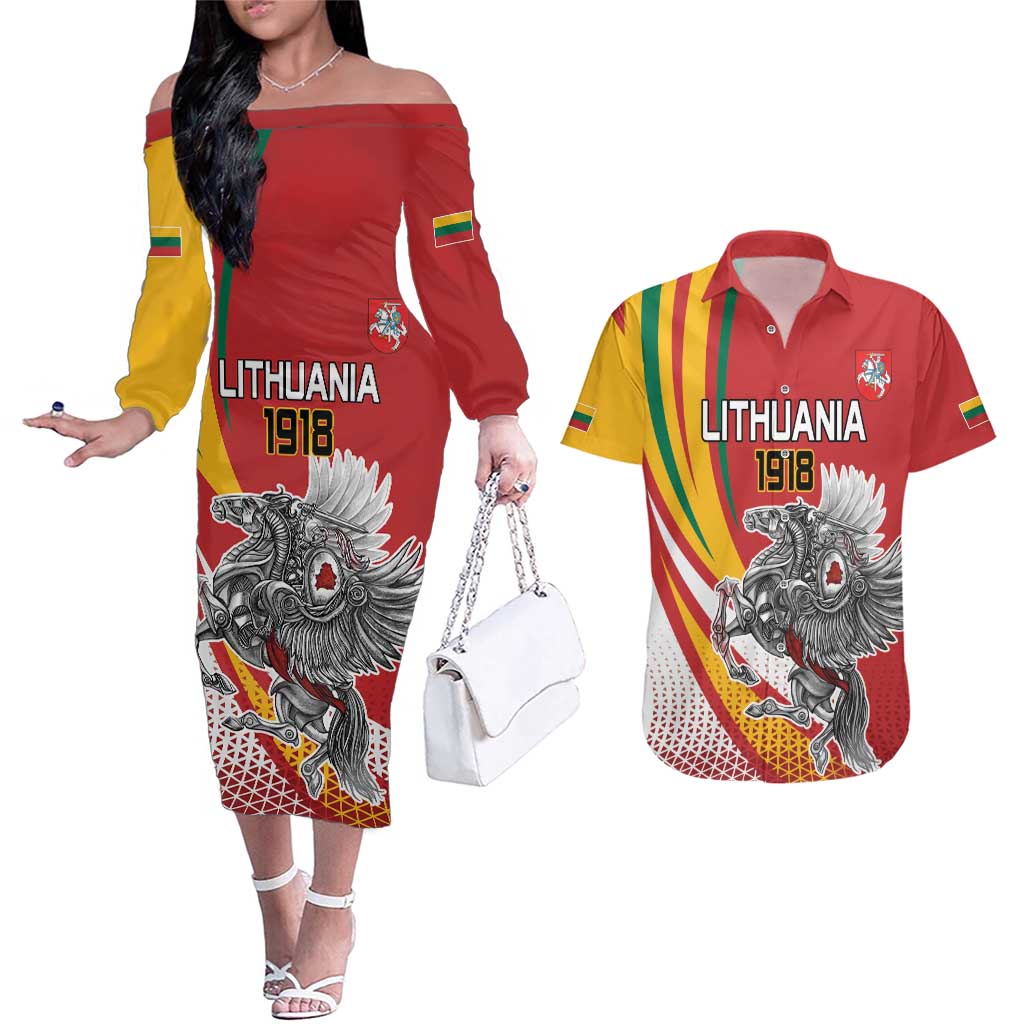 Personalized Lithuania Independence Day Couples Matching Off The Shoulder Long Sleeve Dress and Hawaiian Shirt Lithuanian Vytis Swoosh - Wonder Print Shop