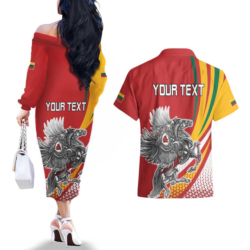 Personalized Lithuania Independence Day Couples Matching Off The Shoulder Long Sleeve Dress and Hawaiian Shirt Lithuanian Vytis Swoosh - Wonder Print Shop