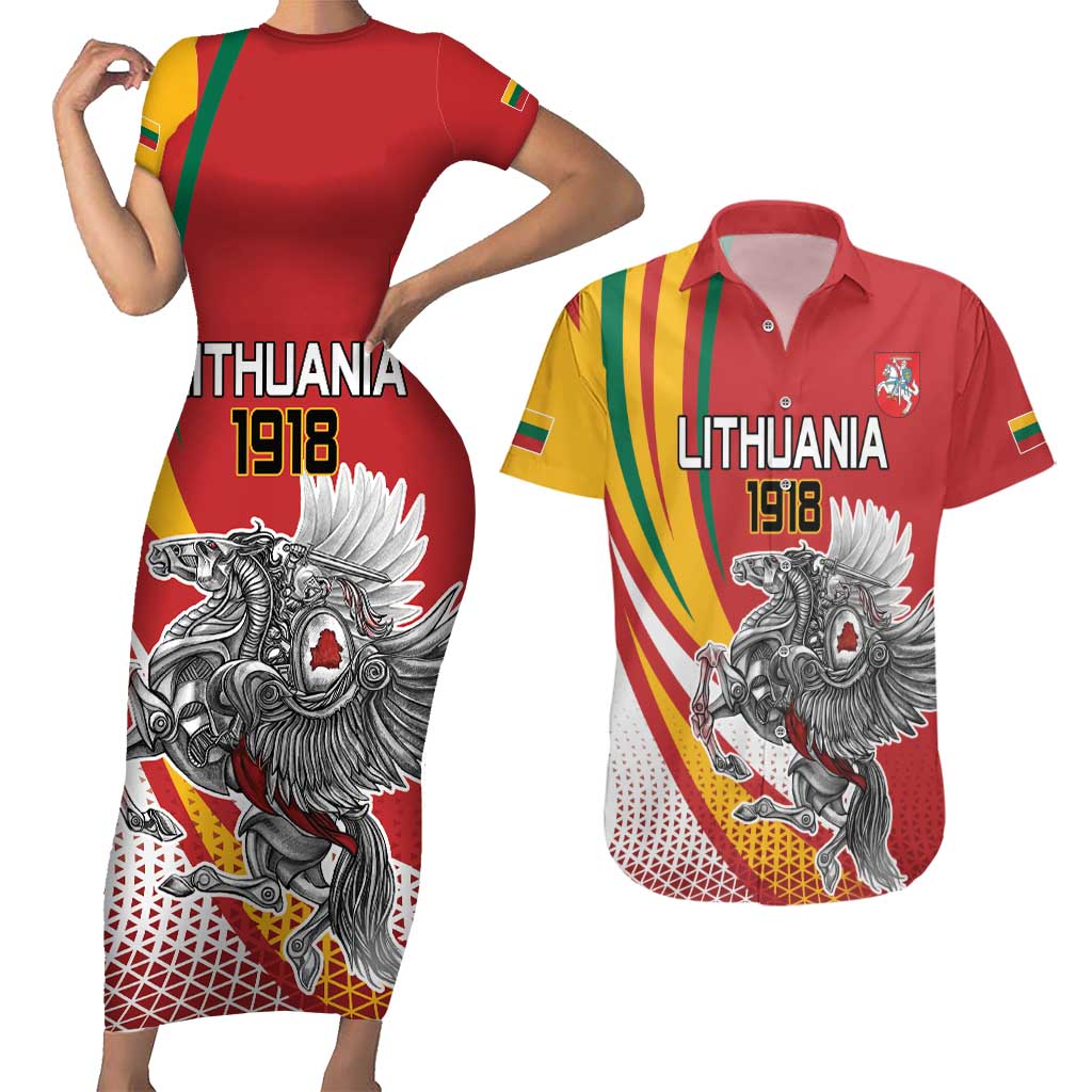 Personalized Lithuania Independence Day Couples Matching Short Sleeve Bodycon Dress and Hawaiian Shirt Lithuanian Vytis Swoosh - Wonder Print Shop