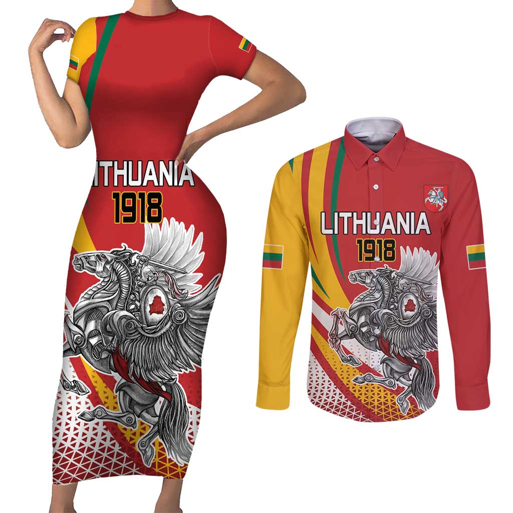 Personalized Lithuania Independence Day Couples Matching Short Sleeve Bodycon Dress and Long Sleeve Button Shirt Lithuanian Vytis Swoosh - Wonder Print Shop