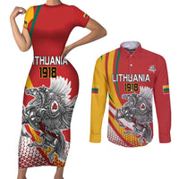 Personalized Lithuania Independence Day Couples Matching Short Sleeve Bodycon Dress and Long Sleeve Button Shirt Lithuanian Vytis Swoosh - Wonder Print Shop