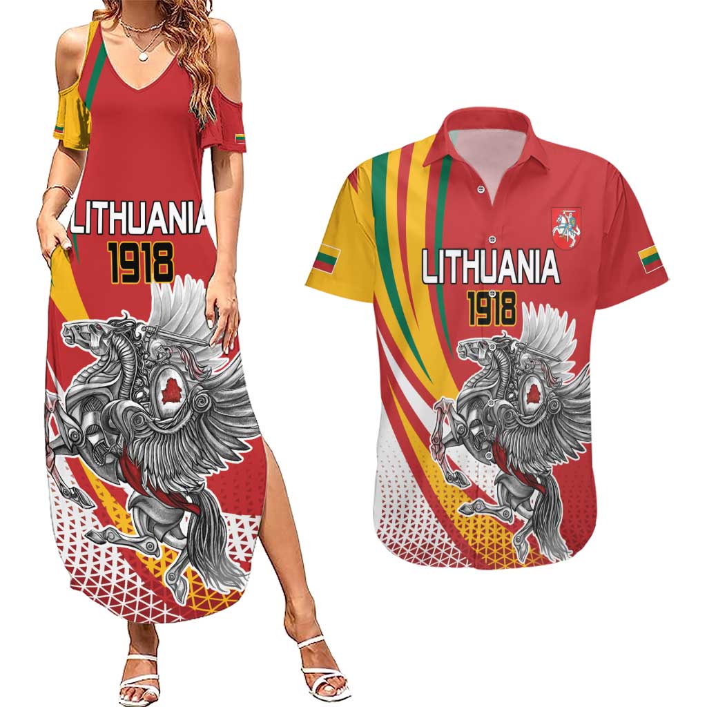 Personalized Lithuania Independence Day Couples Matching Summer Maxi Dress and Hawaiian Shirt Lithuanian Vytis Swoosh - Wonder Print Shop