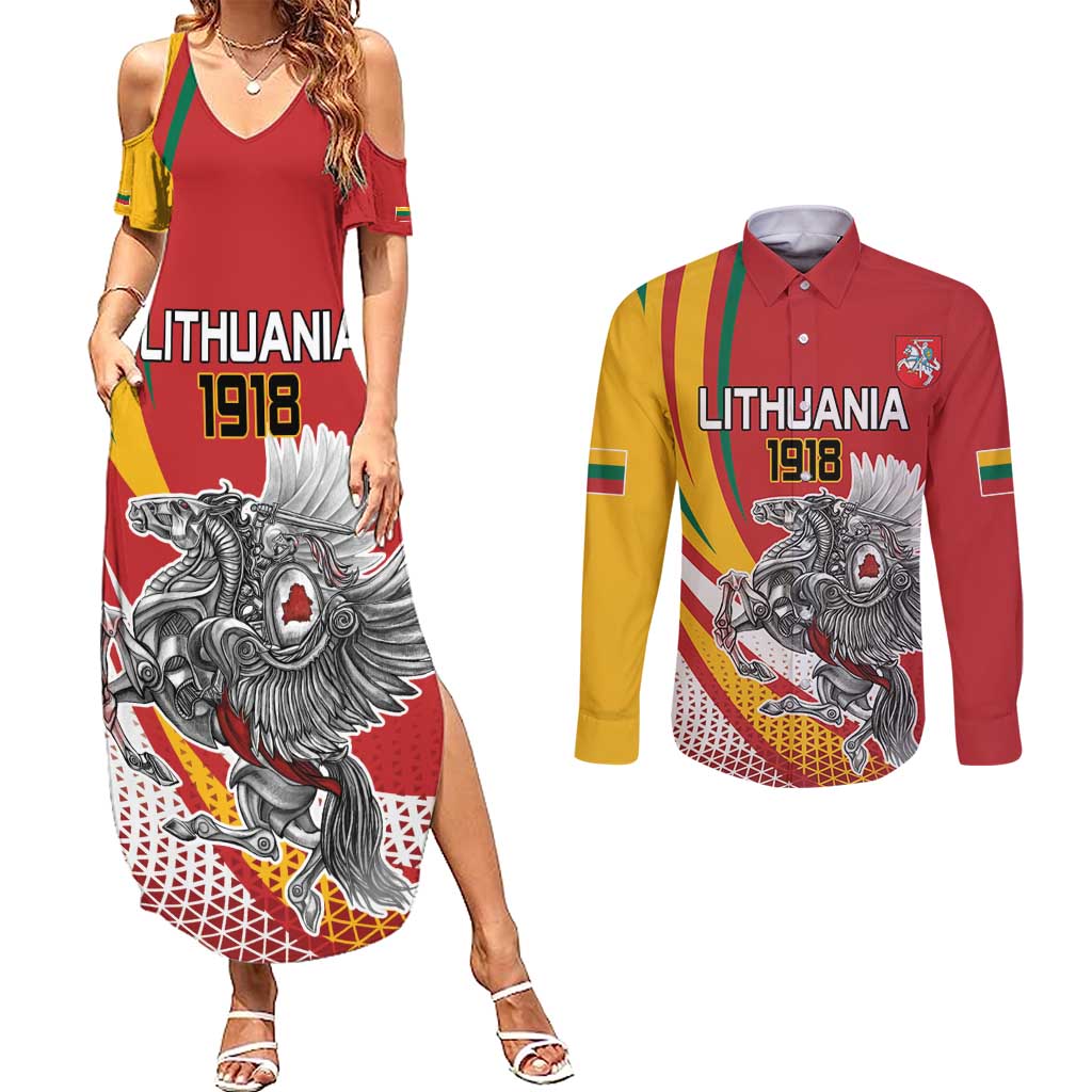Personalized Lithuania Independence Day Couples Matching Summer Maxi Dress and Long Sleeve Button Shirt Lithuanian Vytis Swoosh - Wonder Print Shop