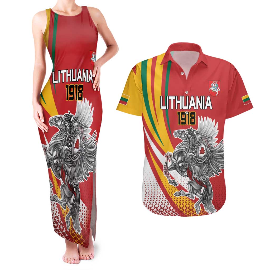 Personalized Lithuania Independence Day Couples Matching Tank Maxi Dress and Hawaiian Shirt Lithuanian Vytis Swoosh - Wonder Print Shop