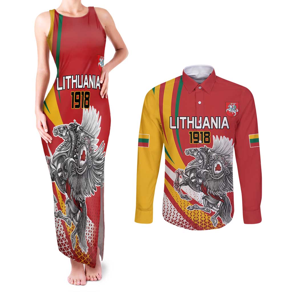Personalized Lithuania Independence Day Couples Matching Tank Maxi Dress and Long Sleeve Button Shirt Lithuanian Vytis Swoosh - Wonder Print Shop