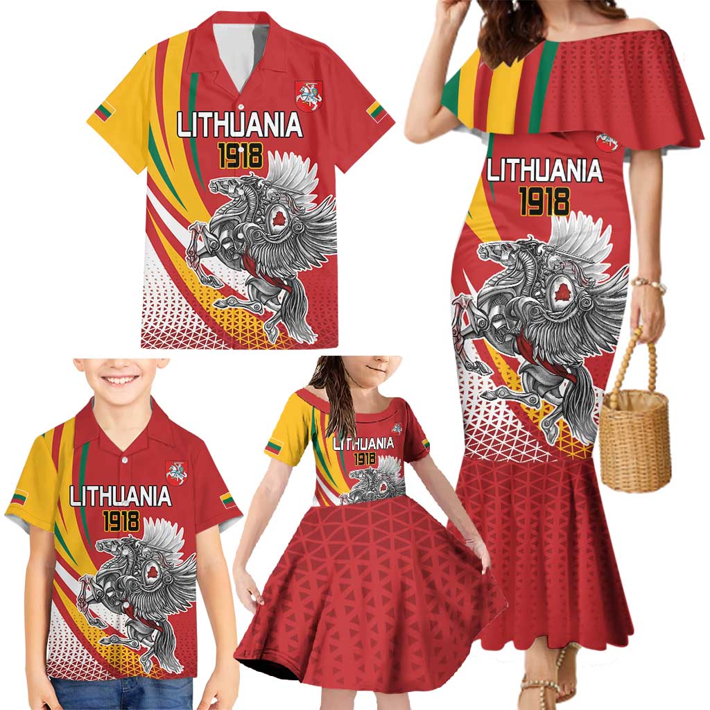 Personalized Lithuania Independence Day Family Matching Mermaid Dress and Hawaiian Shirt Lithuanian Vytis Swoosh - Wonder Print Shop