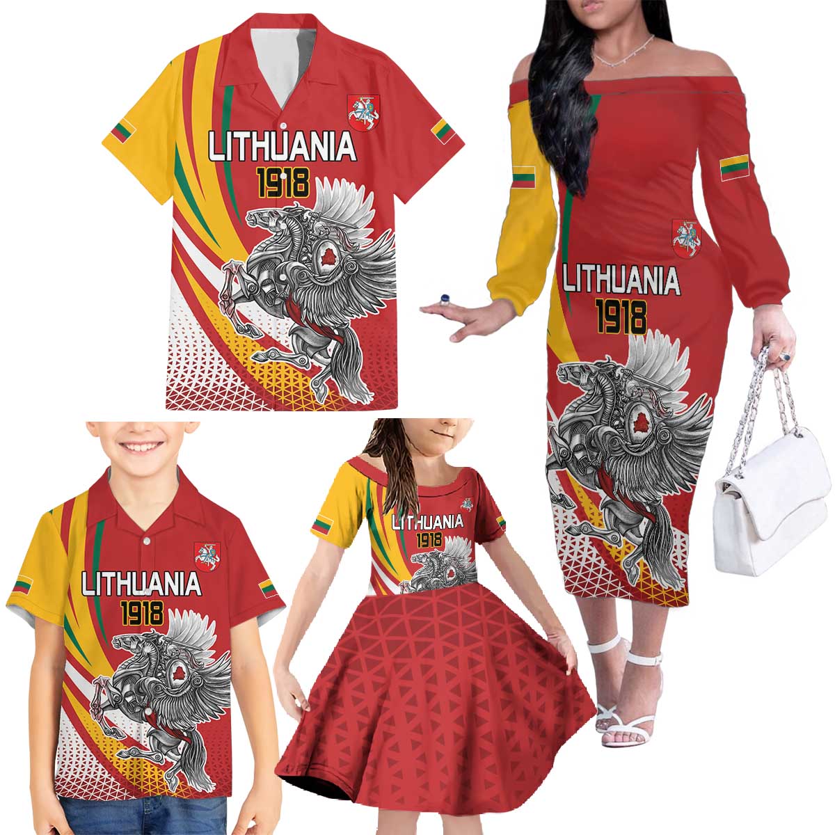 Personalized Lithuania Independence Day Family Matching Off The Shoulder Long Sleeve Dress and Hawaiian Shirt Lithuanian Vytis Swoosh - Wonder Print Shop