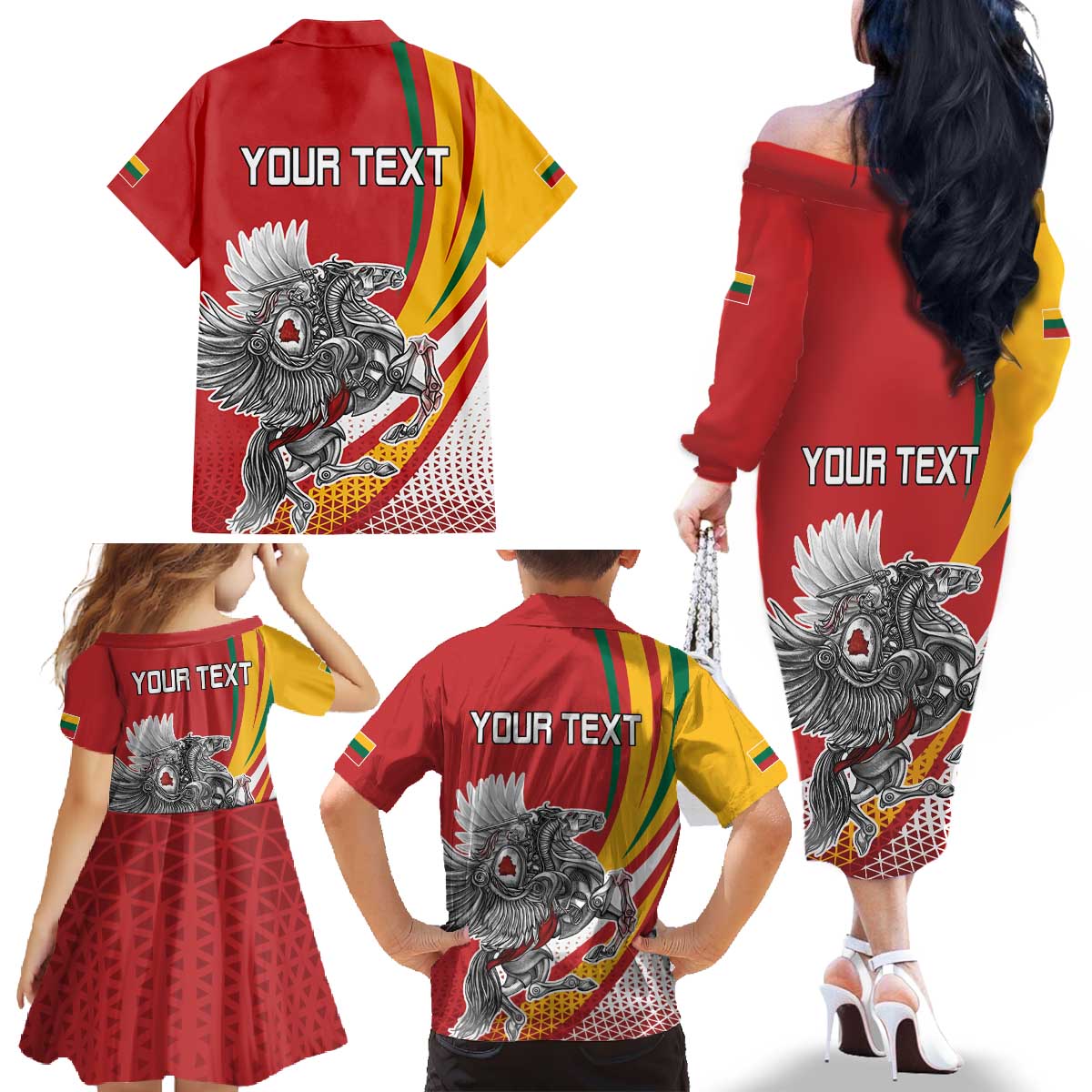 Personalized Lithuania Independence Day Family Matching Off The Shoulder Long Sleeve Dress and Hawaiian Shirt Lithuanian Vytis Swoosh - Wonder Print Shop