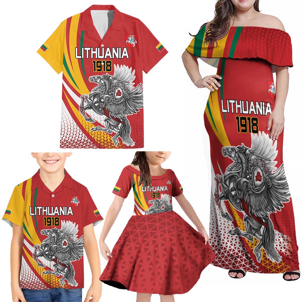 Personalized Lithuania Independence Day Family Matching Off Shoulder Maxi Dress and Hawaiian Shirt Lithuanian Vytis Swoosh - Wonder Print Shop