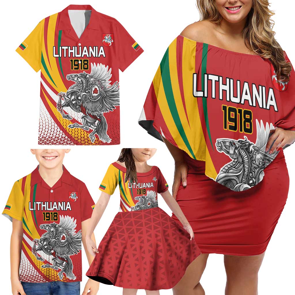 Personalized Lithuania Independence Day Family Matching Off Shoulder Short Dress and Hawaiian Shirt Lithuanian Vytis Swoosh - Wonder Print Shop