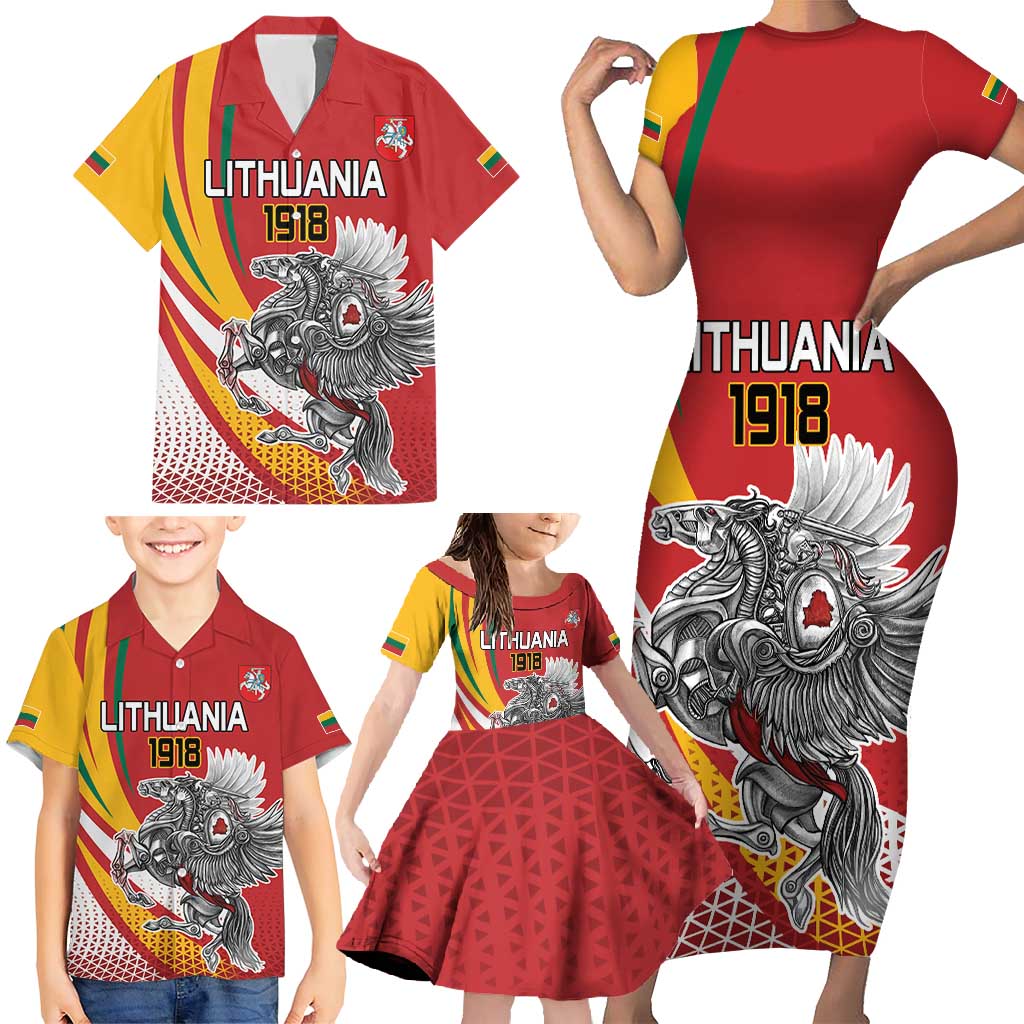 Personalized Lithuania Independence Day Family Matching Short Sleeve Bodycon Dress and Hawaiian Shirt Lithuanian Vytis Swoosh - Wonder Print Shop