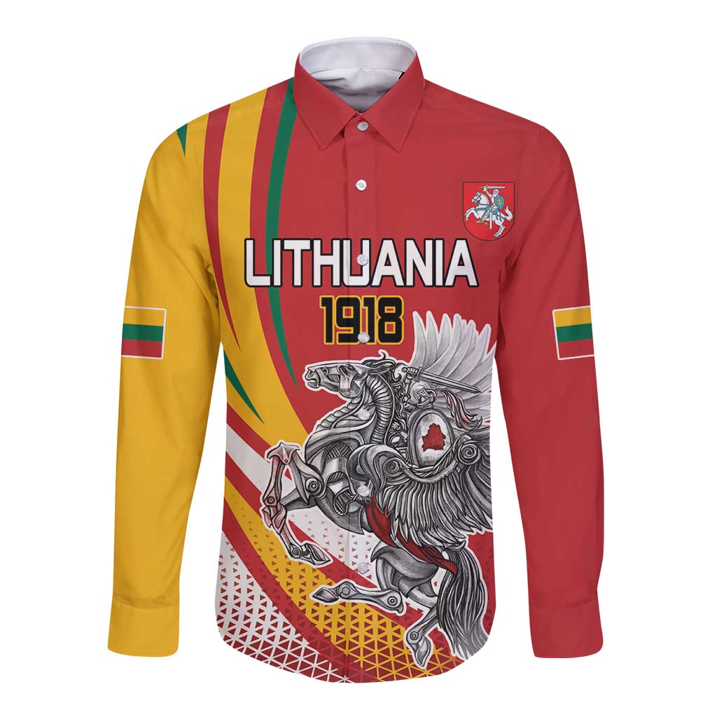 Personalized Lithuania Independence Day Long Sleeve Button Shirt Lithuanian Vytis Swoosh - Wonder Print Shop
