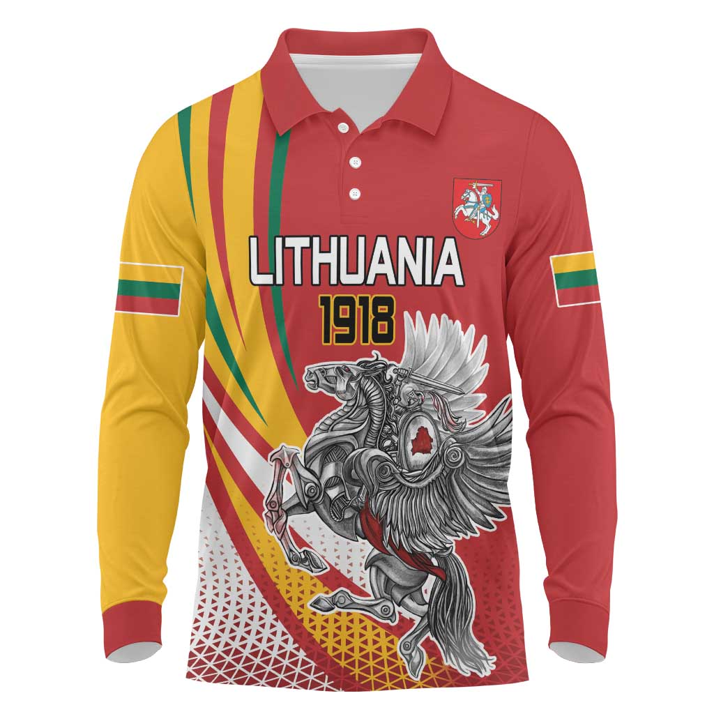 Personalized Lithuania Independence Day Long Sleeve Polo Shirt Lithuanian Vytis Swoosh - Wonder Print Shop