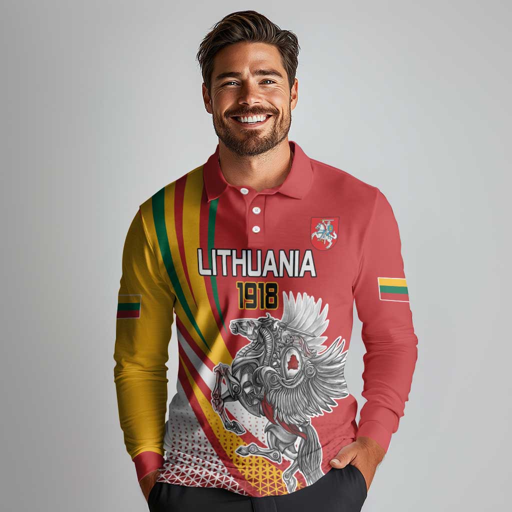 Personalized Lithuania Independence Day Long Sleeve Polo Shirt Lithuanian Vytis Swoosh - Wonder Print Shop