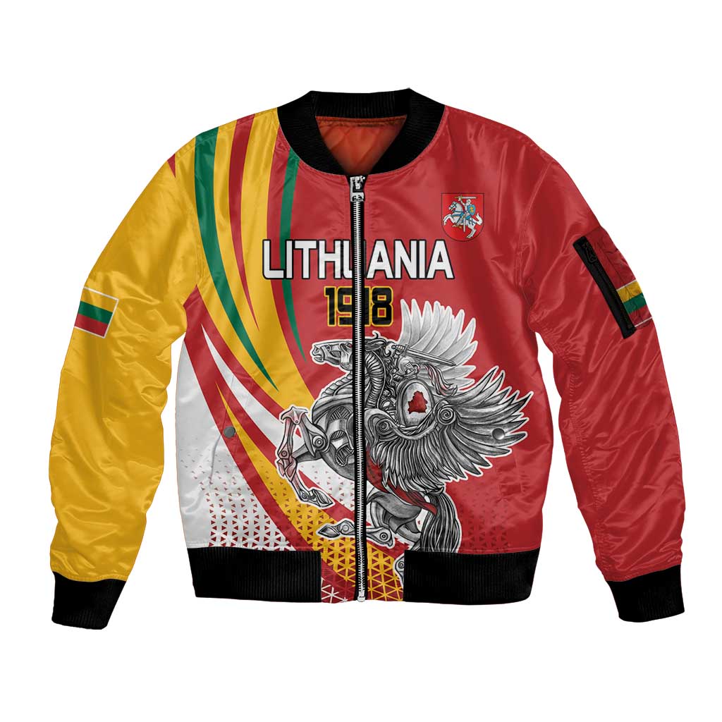 Personalized Lithuania Independence Day Sleeve Zip Bomber Jacket Lithuanian Vytis Swoosh - Wonder Print Shop