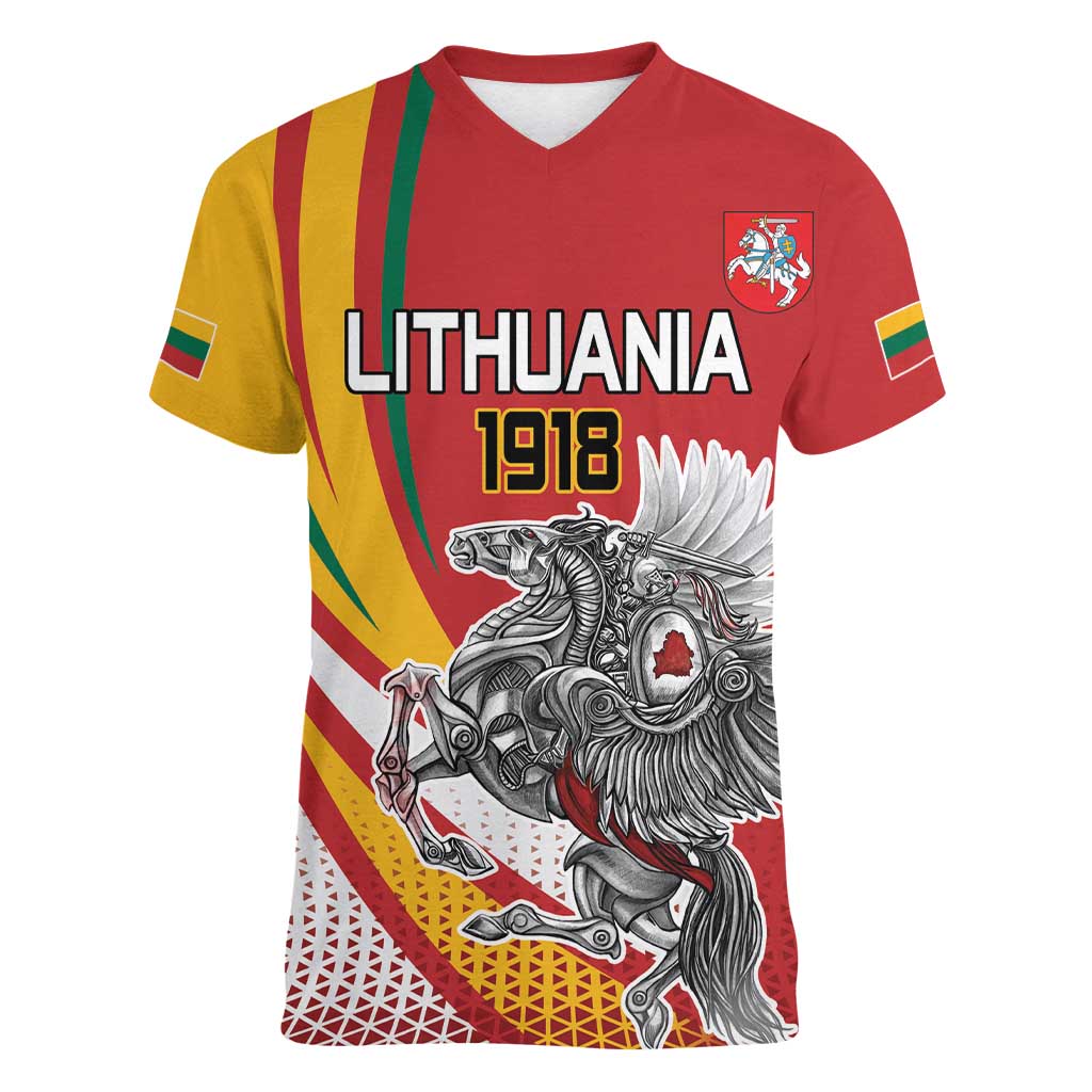 Personalized Lithuania Independence Day Women V-Neck T-Shirt Lithuanian Vytis Swoosh - Wonder Print Shop