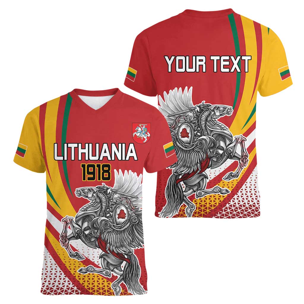Personalized Lithuania Independence Day Women V-Neck T-Shirt Lithuanian Vytis Swoosh - Wonder Print Shop